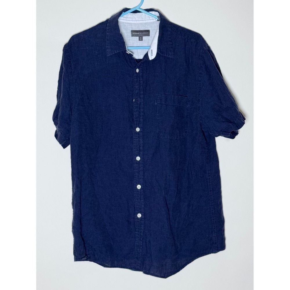 Tricots St. Raphael Short Sleeve Linen Button Down Shirt Medium Navy Blue